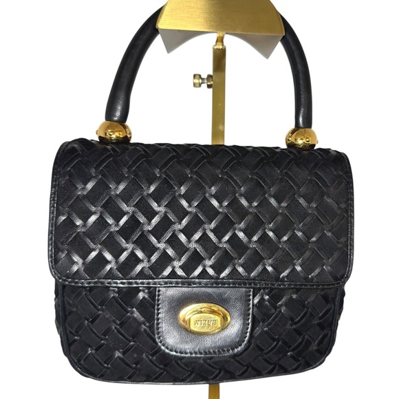 Bally Handbags - Vintage Bally Black Woven Suede Leather Top Handle Bag Gold Hardware